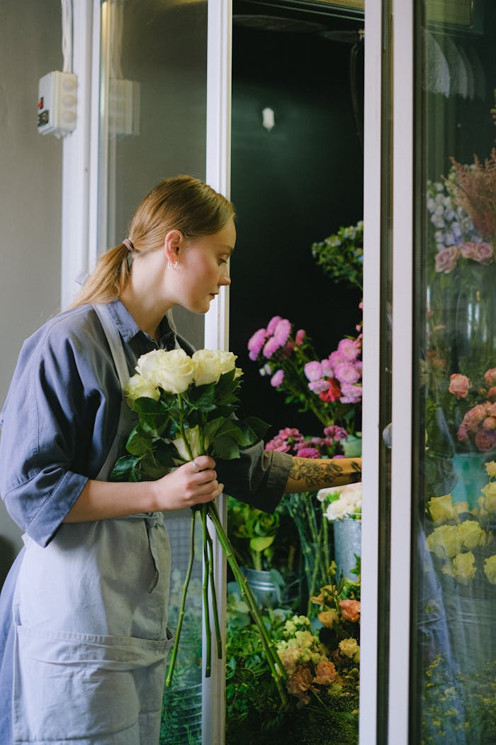 A florist in an apron selects fresh white roses for a bouquet in a flower shop.